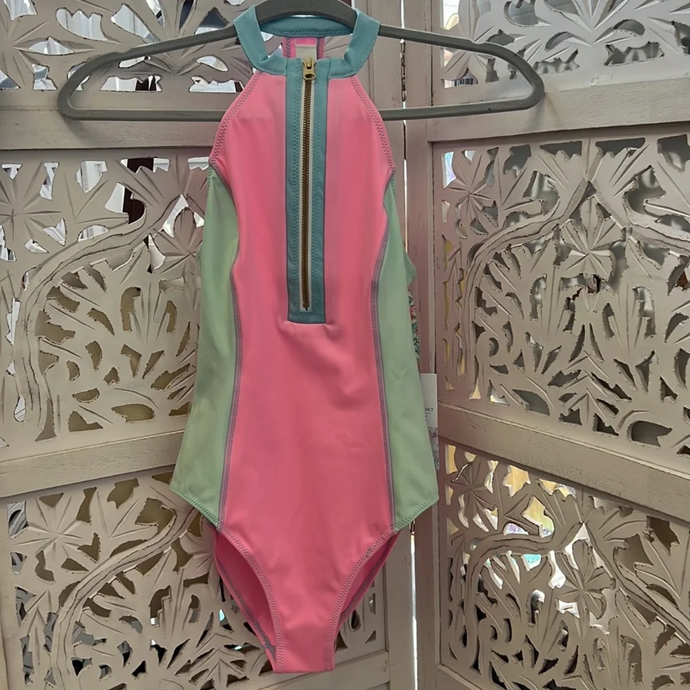 NWT Hurley X Love Shack Fancy collab. High neck, one piece zip swimsuit.Pink/blu - Picture 6 of 10